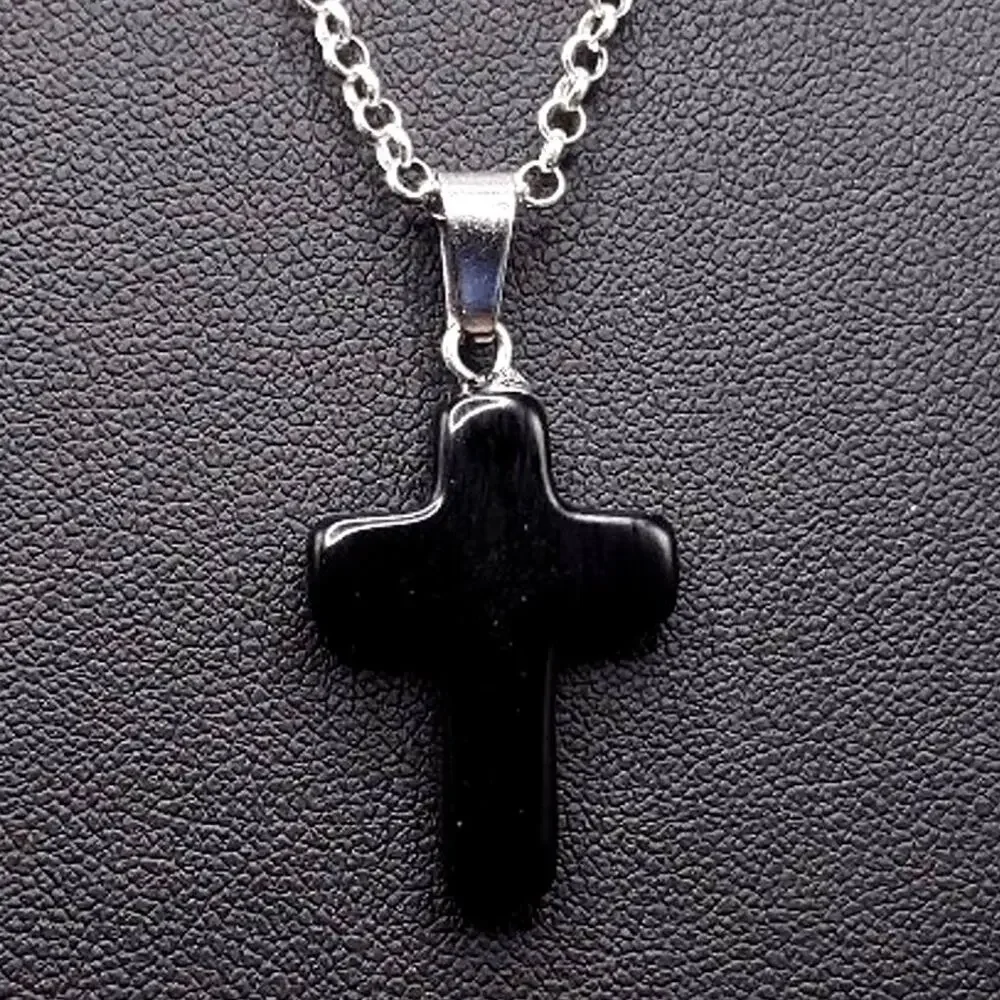 925 Silver Necklace W/ Cross Black Jet Stone Vtg Boho Valentine Birthday Gift